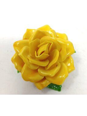 Vintage Yellow Rose Brooch Pin W Green Leaves 1960 Celluloid #J-12